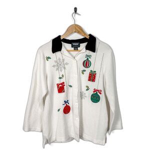 VTG 90s White Christmas Holiday Ornament Ribbon Snowflake Black Collar Cardigan